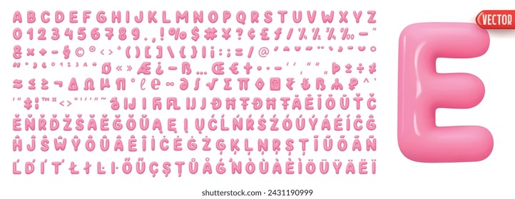 Fonts Complete set alphabetic letters and symbols and signs, numbers. Big collection of creative Font realistic 3d design plastic balloons style. Language support French, German. Vector illustration