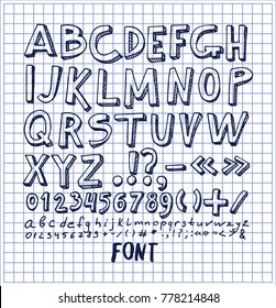 Fonts hand drawn elements, alphabet written by ink pen with numbers and symbols below, ABC sketch vector isolated on checkered sheet of paper