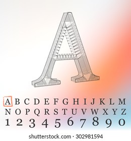 Fonts of Mesh polygonal. Wire frame contour alphabets.