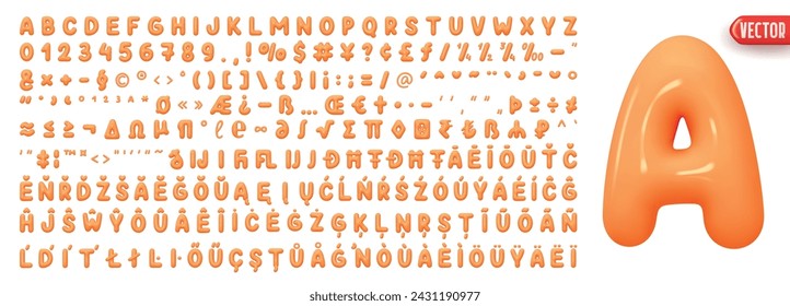 Fonts orange colors, Complete set of alphabetic letters and symbols and signs, numbers. Font realistic 3d design plastic balloons style. Language support French, German. Vector illustration Arkivvektor