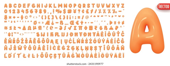 Fonts orange colors, Complete set of alphabetic letters and symbols and signs, numbers. Font realistic 3d design plastic balloons style. Language support French, German. Vector illustration