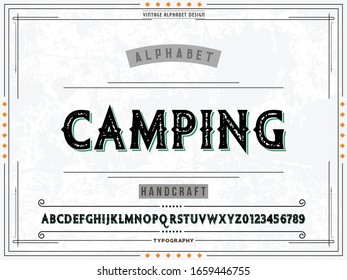 Font.Typeface alphabet..Script.Shadow Effect.Handcrafted handwritten vector label design old style.vintage Hand Drawn.Retro Typography.Vector Illustration.named camping