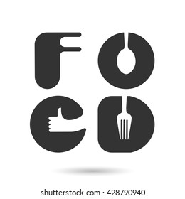 F,O,O and D-letters logo elements design.Spoon,knife and fork icon with human hand symbol.Food and drink concept.Vector illustration