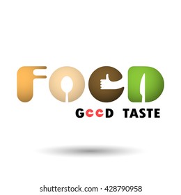 F,O,O and D-letters logo elements design.Spoon,knife and fork icon with human hand symbol."Food Good Taste" words logo.Food and drink concept.Vector illustration