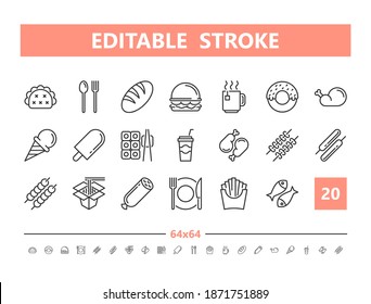 Food 20 line icons. Vector illustration in line style. Editable Stroke, 64x64, 256x256, Pixel Perfect.