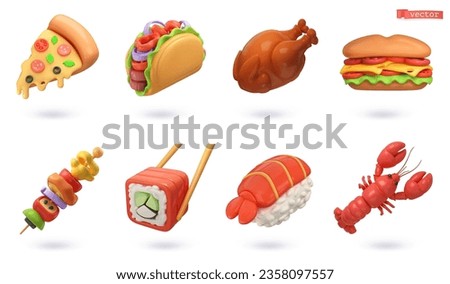 Food 3d cartoon, vector icon set. Slice of pizza, taco, roast turkey, sandwich, vegetables on a skewer, sushi, lobster