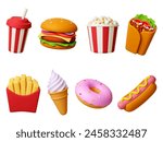 Food 3d icons. Drink, burger donut and ice cream cone. Render realistic hot dog and arabian vegan wrap. Fast meals, desserts, pithy isolated vector set