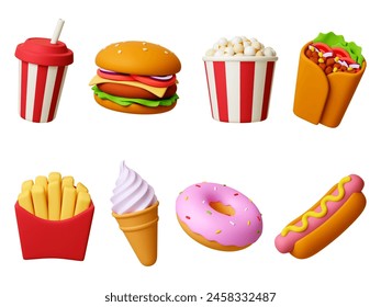 Food 3d icons. Drink, burger donut and ice cream cone. Render realistic hot dog and arabian vegan wrap. Fast meals, desserts, pithy isolated vector set