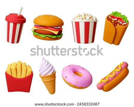 Food 3d icons. Drink, burger donut and ice cream cone. Render realistic hot dog and arabian vegan wrap. Fast meals, desserts, pithy isolated vector set