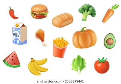 Conjunto de iconos 3D de comida. Ilustración vectorial calabaza, romero, zanahoria, canasta, pan, aguacate, brócoli, limón, leche, pimienta, sandía, patata, fresa, granada, remolacha, taza, pollo y hamburguesa