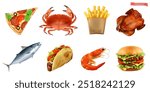 Food, 3d realistic vector set. Pizza, crab, french fries, fried turkey, fish, tacos, shrimp, hamburger