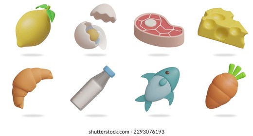 conjunto de iconos vectoriales 3D de alimentos.
limón, huevo, buey, queso, croissant, leche, pescado, zanahoria