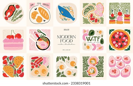 Food abstract elements. Food and healsy composition. Modern trendy Matisse minimal style. Restaurant and kitchen poster, invite. Vector arrangements for greeting card or invitation design