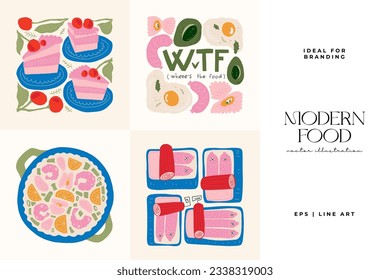 Food abstract elements. Food and healsy composition. Modern trendy Matisse minimal style. Restaurant and kitchen poster, invite. Vector arrangements for greeting card or invitation design