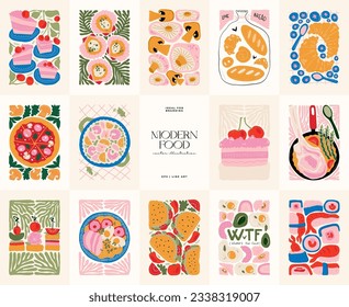 Food abstract elements. Food and healsy composition. Modern trendy Matisse minimal style. Restaurant and kitchen poster, invite. Vector arrangements for greeting card or invitation design