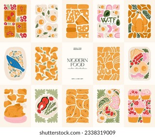 Food abstract elements. Food and healsy composition. Modern trendy Matisse minimal style. Restaurant and kitchen poster, invite. Vector arrangements for greeting card or invitation design