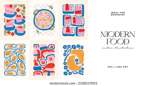 Food abstract elements. Food and healsy composition. Modern trendy Matisse minimal style. Restaurant and kitchen poster, invite. Vector arrangements for greeting card or invitation design