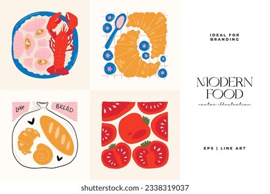 Nahrungsmittel abstrakte Elemente. Nahrung und gesunde Zusammensetzung. Moderner Stil Matisse minimalistisch. Restaurant und Küche Poster, einladen. Vektorgrafik-Arrangements für Grußkarten oder Einladungen