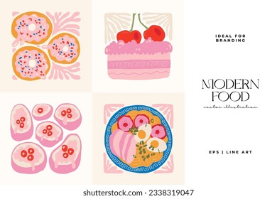 Nahrungsmittel abstrakte Elemente. Nahrung und gesunde Zusammensetzung. Moderner Stil Matisse minimalistisch. Restaurant und Küche Poster, einladen. Vektorgrafik-Arrangements für Grußkarten oder Einladungen