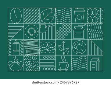 Food Abstract Modern White Line Geometric Pattern on a Green. Vector illustration of Coffee Cup, Donut and Croissant