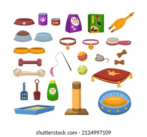 Food and accessories for pets vector illustrations set. Collection of different items for pet store, treats and toys for cats, dogs and birds isolated on white background. Domestic animals concept