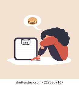 Concepto de adicción a los alimentos. Trastorno de la comida. Mujer triste sentada en el suelo y abrazando las rodillas. Niña deprimida pensando en hamburguesa. Ilustración vectorial al estilo de las caricaturas planas.