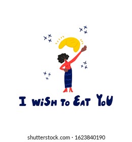 Food addiction concept illustration. 
African American woman and a croissant. Vector illustration