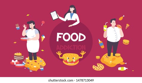 Food addiction flat background with female doctor and fat people eating burgers pizza chocolate cake vector illustration