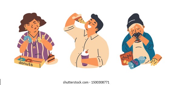 Food addiction flat vector illustrations set. Unhealthy lifestyle, harmful nutrition, obesity problem concept. Overweight woman, man and teenager eating junk food cartoon characters pack.