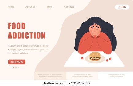 Food addiction landing page template. Sad woman looks at hamburger and worries about being overweight. Overeating, bulimia, anorexia. Vector illustration in flat cartoon style.