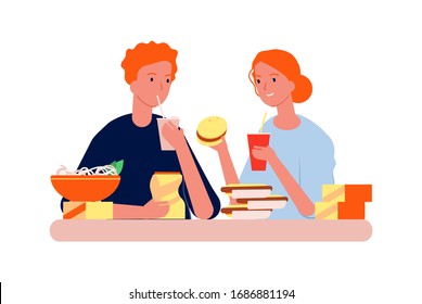 Food addiction. Man woman with junk eating. Hungry people eat burgers, hot dogs and chips vector illustration