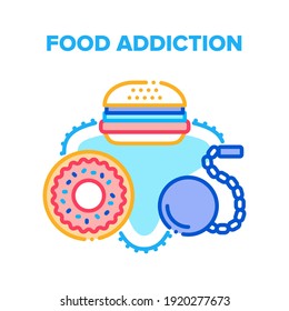 Concepto de icono del vector de adicción a los alimentos. Hamburguesa Grasosa Con Adicción Rápida A La Comida De Carne Frita Y Postre De Hueso, Núcleo Con Cadena Esposada Para Una Atrociosa Nutrición Insalubre, Ilustración De Color De La Nutrición Desnuda