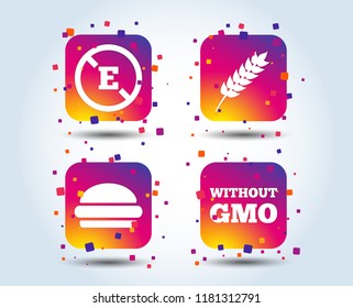 Food additive icon. Hamburger fast food sign. Gluten free and No GMO symbols. Without E acid stabilizers. Colour gradient square buttons. Flat design concept. Vector