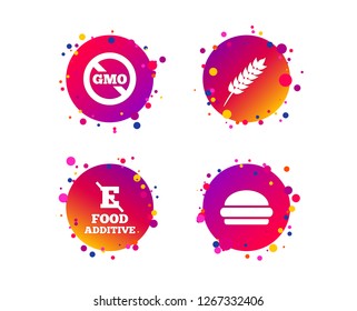 Food additive icon. Hamburger fast food sign. Gluten free and No GMO symbols. Without E acid stabilizers. Gradient circle buttons with icons. Random dots design. Vector