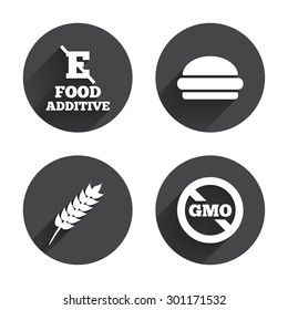 Food additive icon. Hamburger fast food sign. Gluten free and No GMO symbols. Without E acid stabilizers. Circles buttons with long flat shadow. Vector