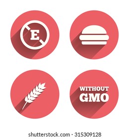 Food additive icon. Hamburger fast food sign. Gluten free and No GMO symbols. Without E acid stabilizers. Pink circles flat buttons with shadow. Vector