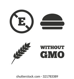 Food additive icon. Hamburger fast food sign. Gluten free and No GMO symbols. Without E acid stabilizers. Flat icons on white. Vector