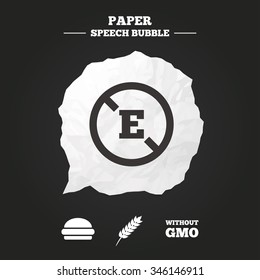 Food additive icon. Hamburger fast food sign. Gluten free and No GMO symbols. Without E acid stabilizers. Paper speech bubble with icon.