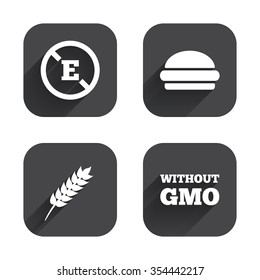Food additive icon. Hamburger fast food sign. Gluten free and No GMO symbols. Without E acid stabilizers. Square flat buttons with long shadow.