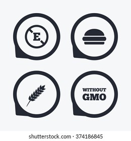 Food additive icon. Hamburger fast food sign. Gluten free and No GMO symbols. Without E acid stabilizers. Flat icon pointers.