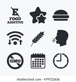 Food additive icon. Hamburger fast food sign. Gluten free and No GMO symbols. Without E acid stabilizers. Wifi internet, favorite stars, calendar and clock. Talking head. Vector