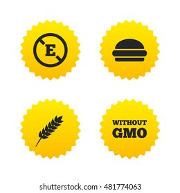 Food additive icon. Hamburger fast food sign. Gluten free and No GMO symbols. Without E acid stabilizers. Yellow stars labels with flat icons. Vector