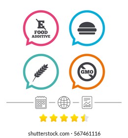 Food additive icon. Hamburger fast food sign. Gluten free and No GMO symbols. Without E acid stabilizers. Calendar, internet globe and report linear icons. Star vote ranking. Vector