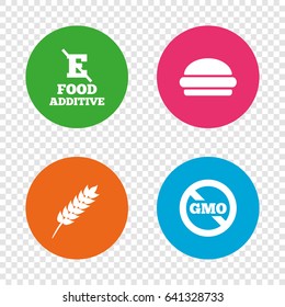 Food additive icon. Hamburger fast food sign. Gluten free and No GMO symbols. Without E acid stabilizers. Round buttons on transparent background. Vector