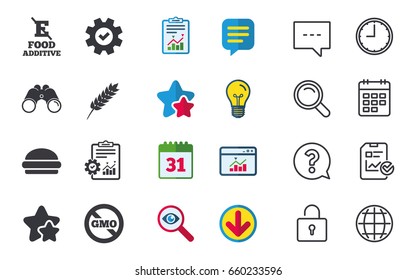 Food additive icon. Hamburger fast food sign. Gluten free and No GMO symbols. Without E acid stabilizers. Chat, Report and Calendar signs. Stars, Statistics and Download icons. Vector