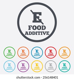 Food additive sign icon. Without E symbol. Healthy natural food. Round circle buttons with frame. Vector