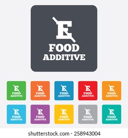 Food additive sign icon. Without E symbol. Healthy natural food. Rounded squares 11 buttons. Vector