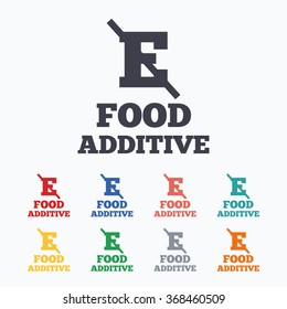 Food additive sign icon. Without E symbol. Healthy natural food. Colored flat icons on white background.