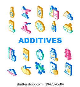 Food Additives Formula Collection Icons Set Vector. Corn Syrup And Sugar Substitute, Chemical Inventory And Amino Acids Food Additives Isometric Sign Color Illustrations