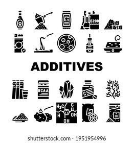 Food Additives Formula Collection Icons Set Vector. Corn Syrup And Sugar Substitute, Chemical Inventory And Amino Acids Food Additives Glyph Pictograms Black Illustrations